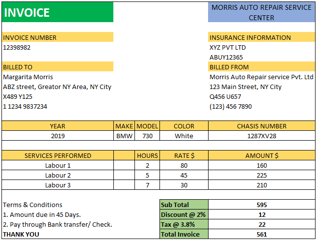 Auto Repair Invoice Excel Template