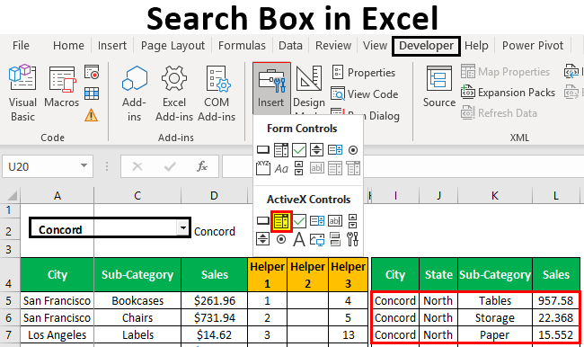 Caseta de căutare în Excel